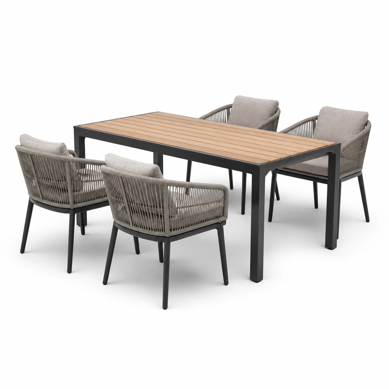 Set da pranzo da giardino in legno di teak e alluminio con sedie in corda grigia