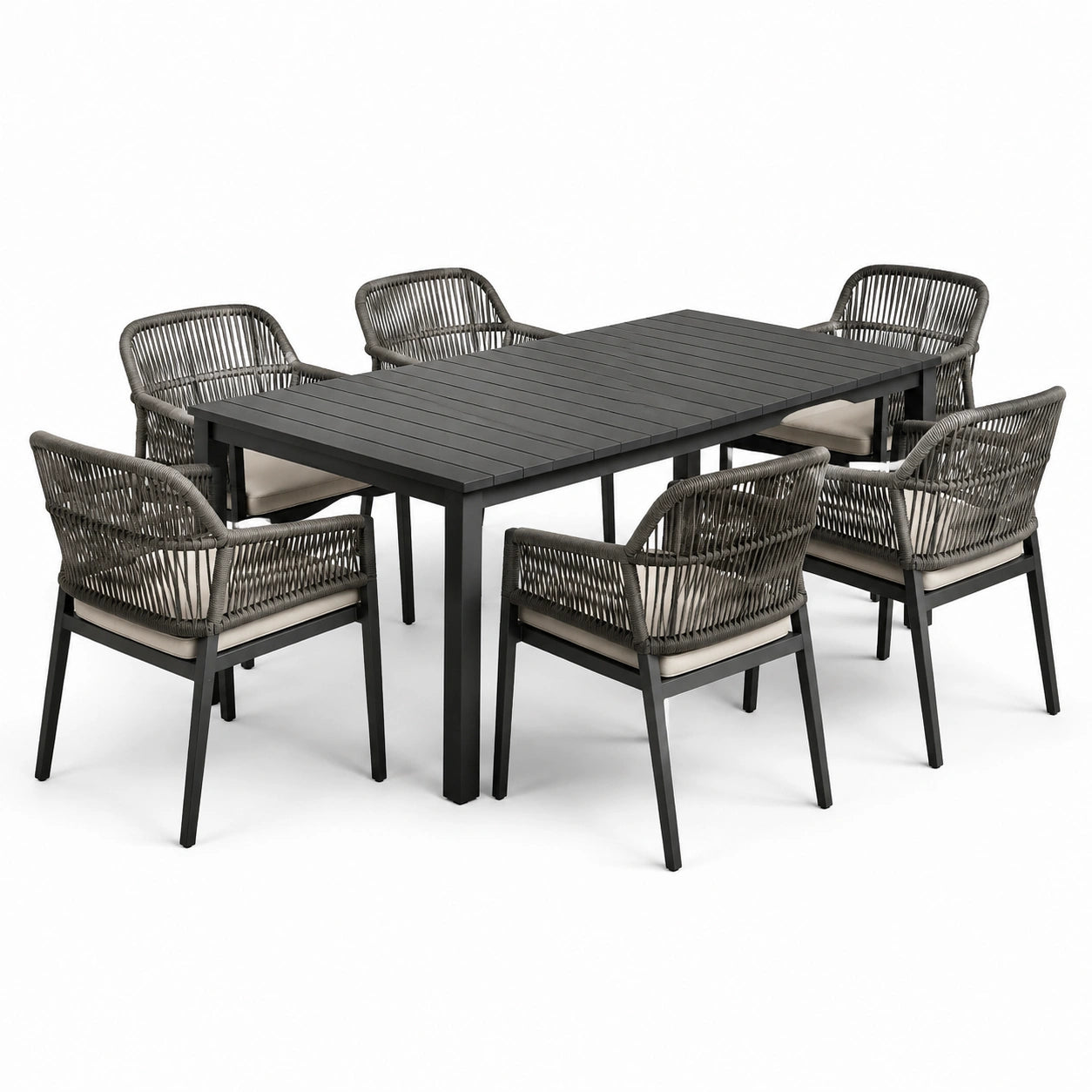 Set pranzo giardino in alluminio e corda con tavolo rettangolare e 6 sedie