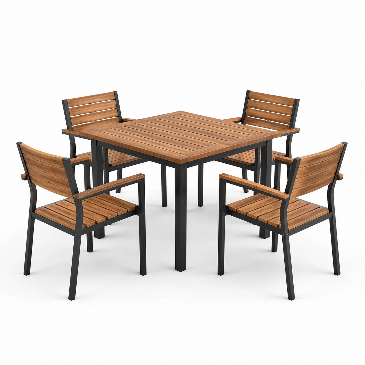 Set da pranzo da esterno in legno e metallo con 4 sedie e tavolo quadrato