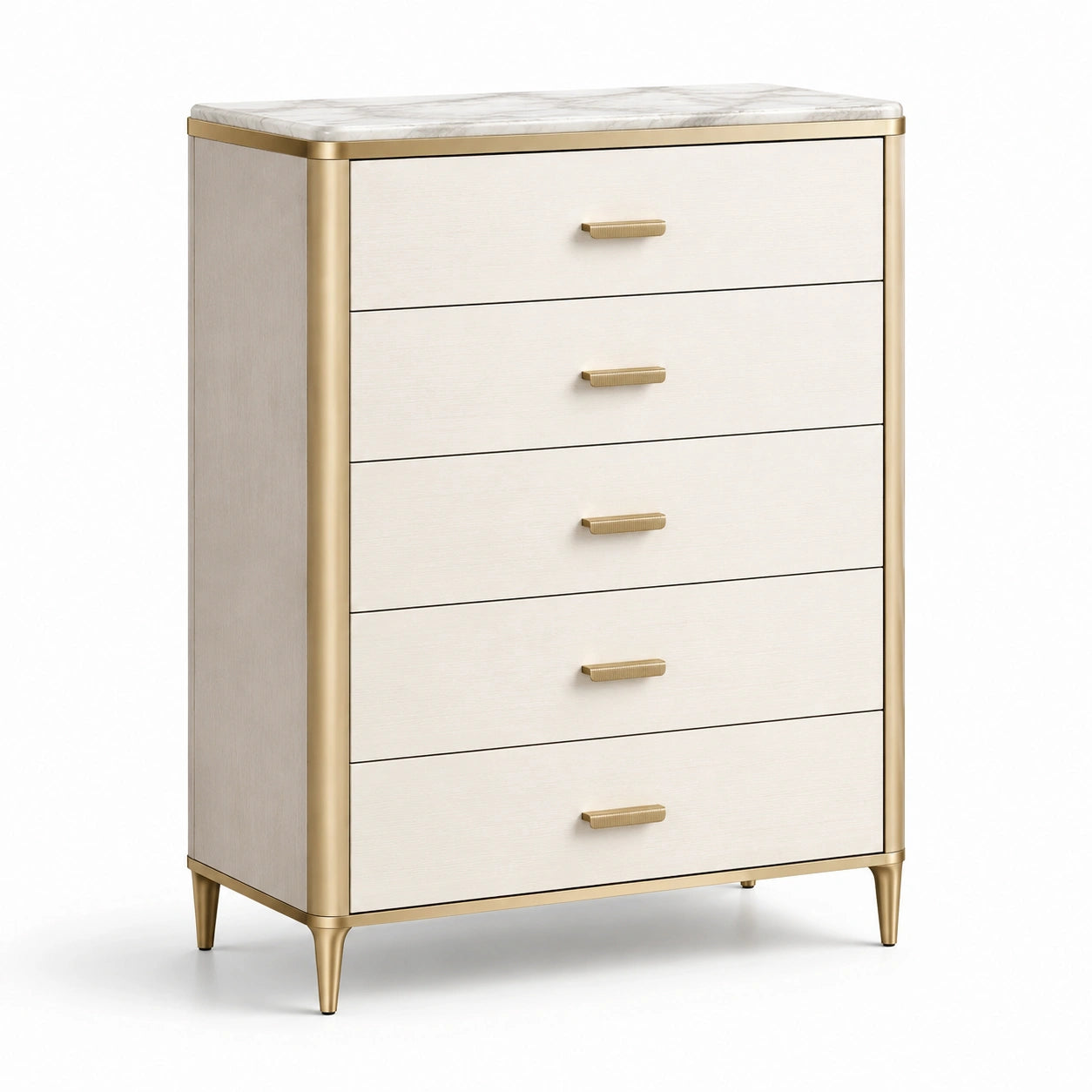 Cassettiera in legno con piano in marmo e 5 cassetti crema