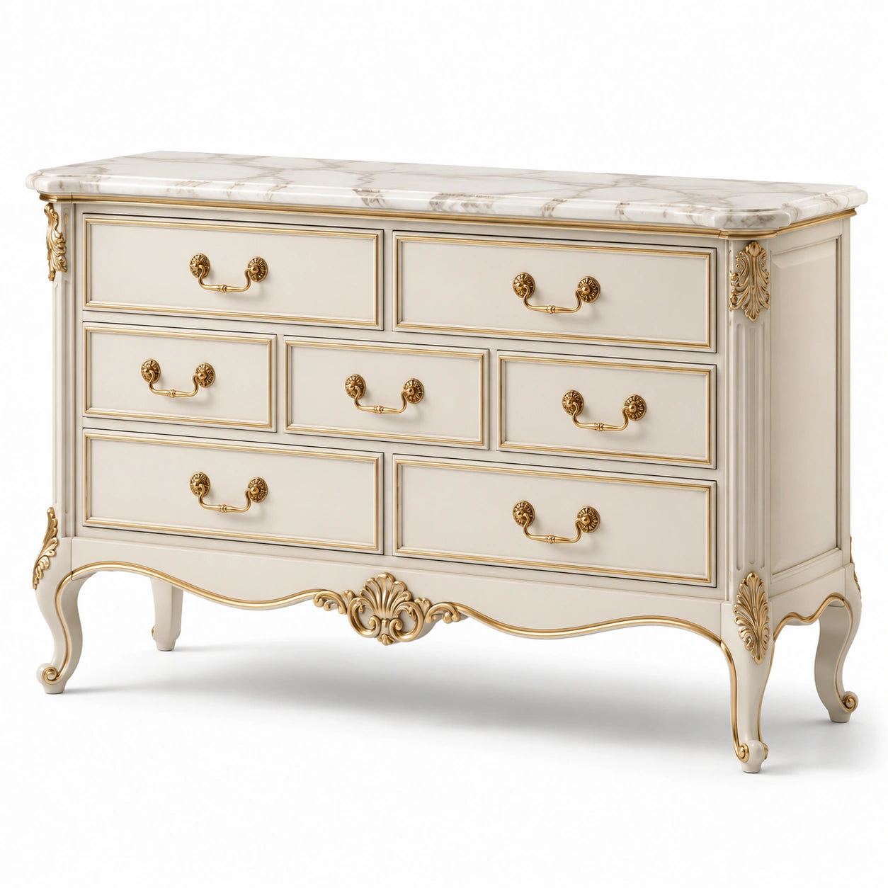Cassettiera in Legno Massello con 7 Cassetti e Piano in Marmo di Carrara