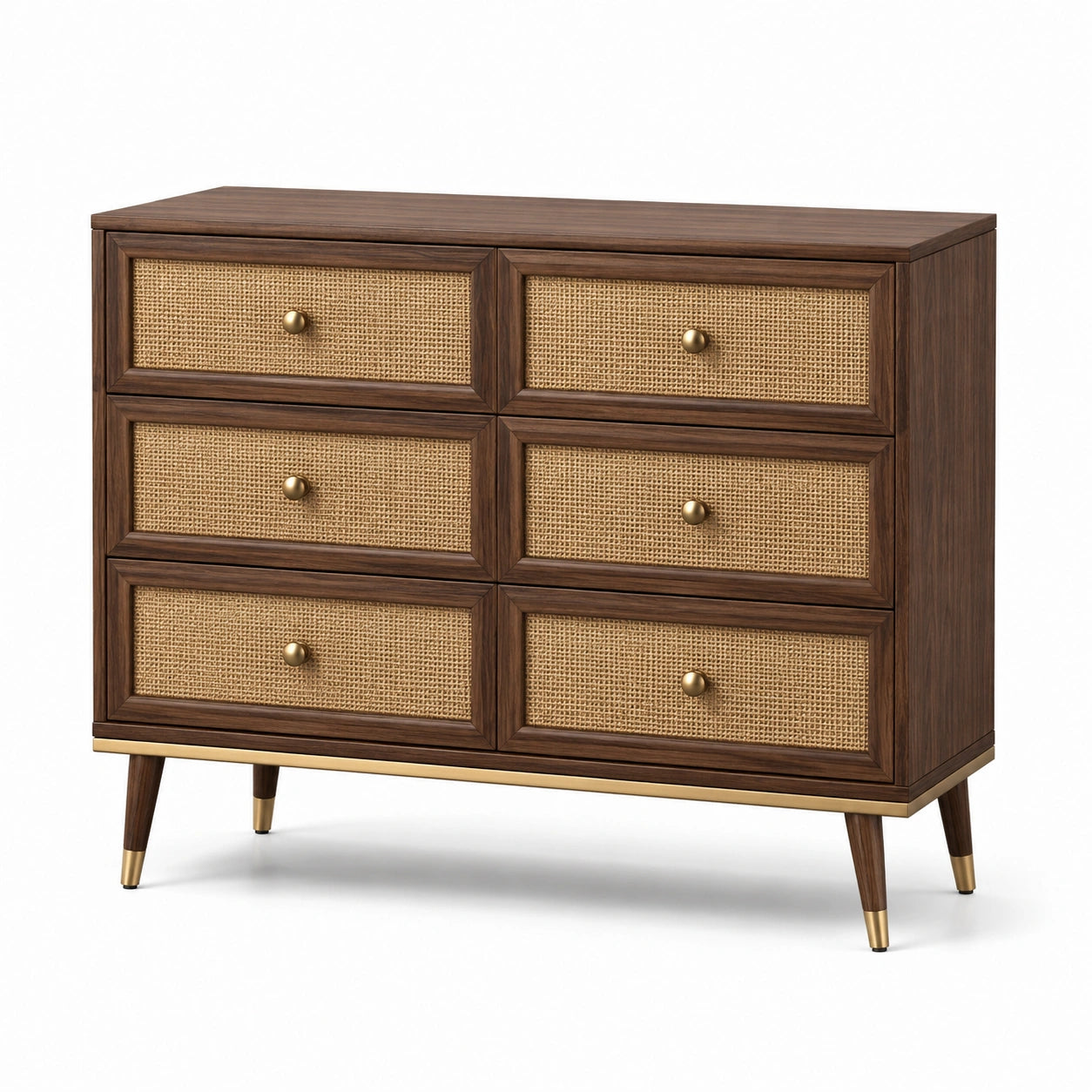 Cassettiera in Legno e Rattan con 6 Cassetti Marrone Beige