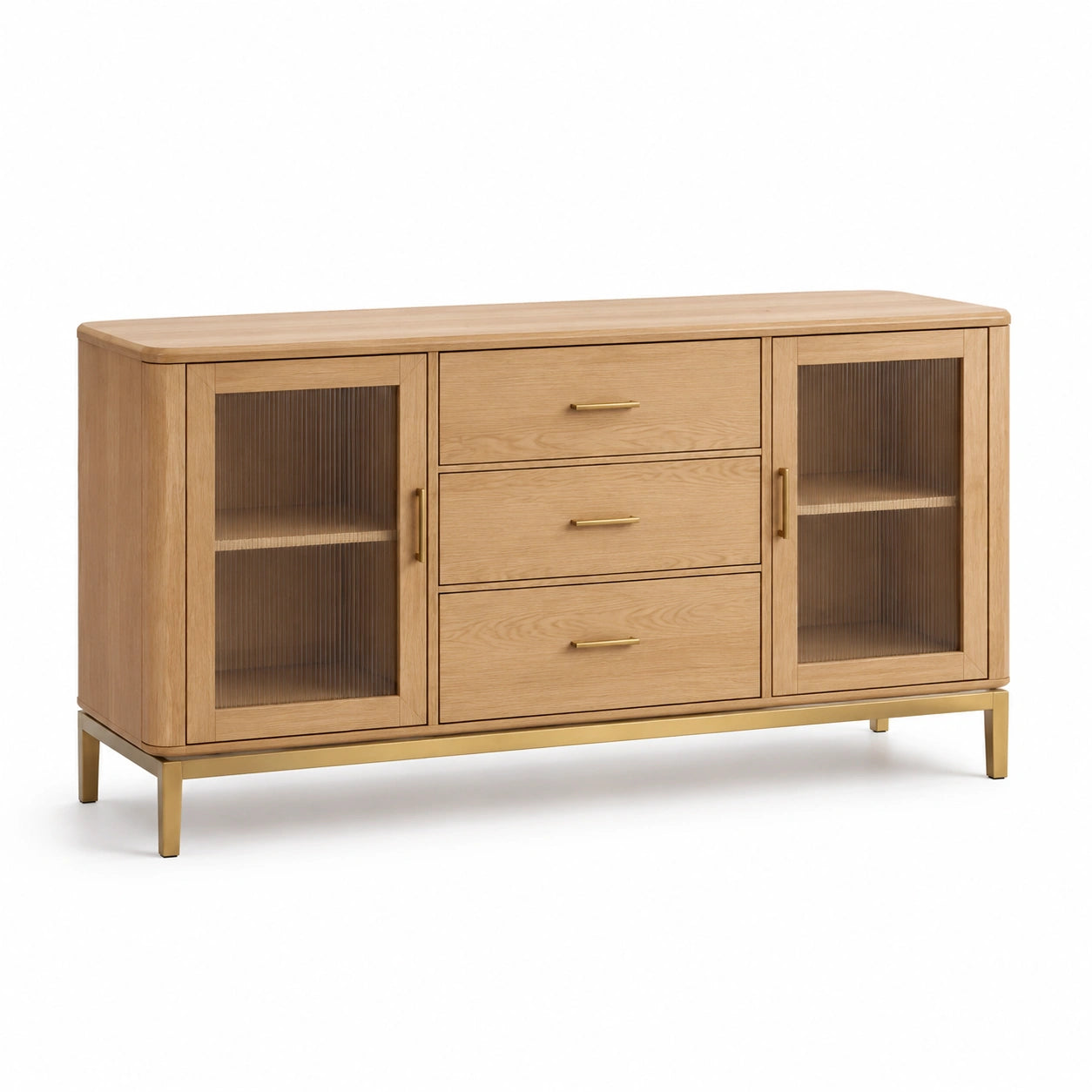 Credenza in legno di quercia con ante in vetro e 3 cassetti, 150x40x85 cm, naturale