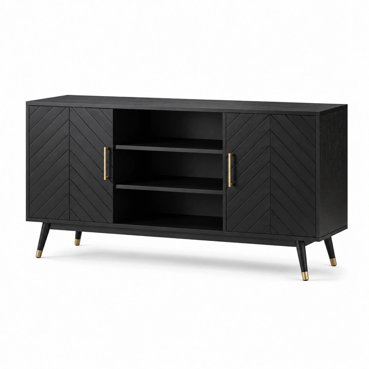 Credenza in legno nero con ante e scaffali