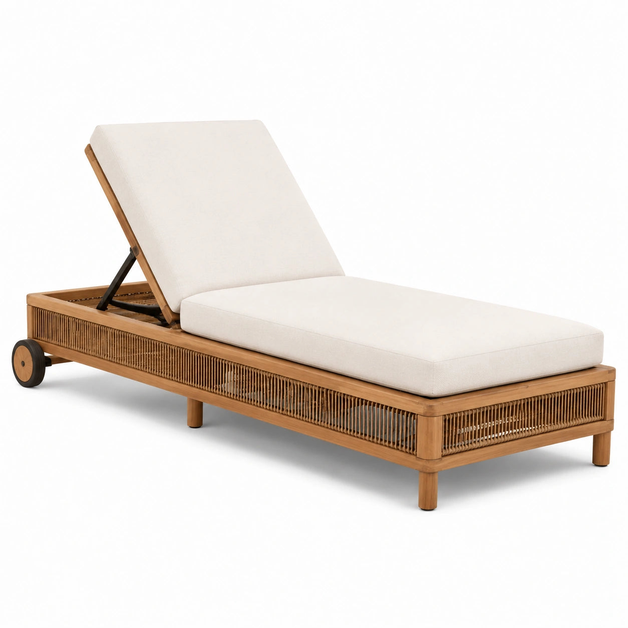 Lettino prendisole in legno teak e rattan con cuscino beige