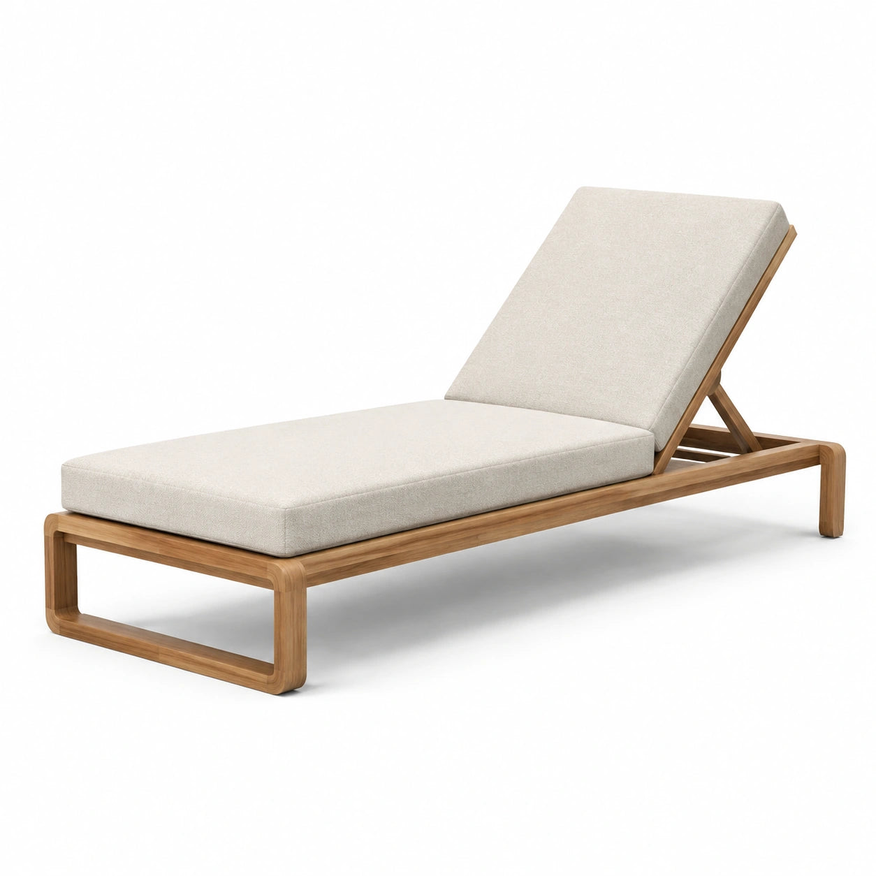 Lettino prendisole in legno di teak e tessuto beige