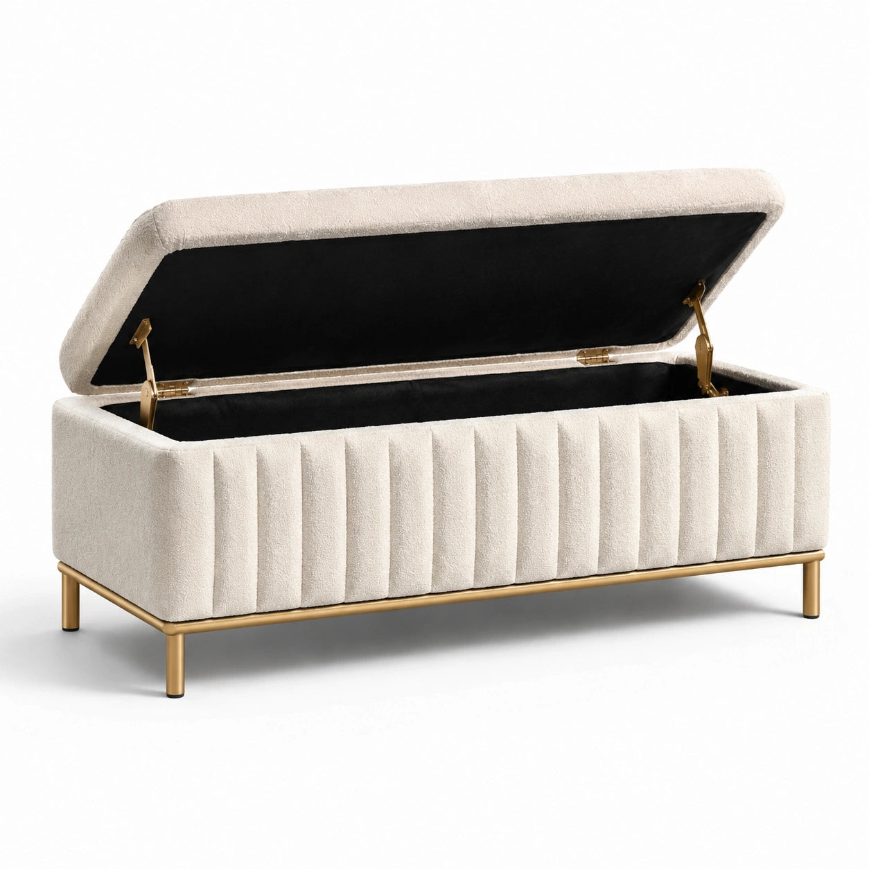 Panca contenitore in tessuto beige con gambe in metallo dorato
