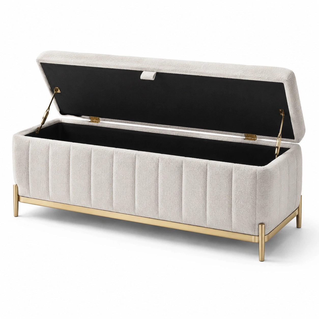 Panca contenitore in velluto beige con gambe in metallo dorato