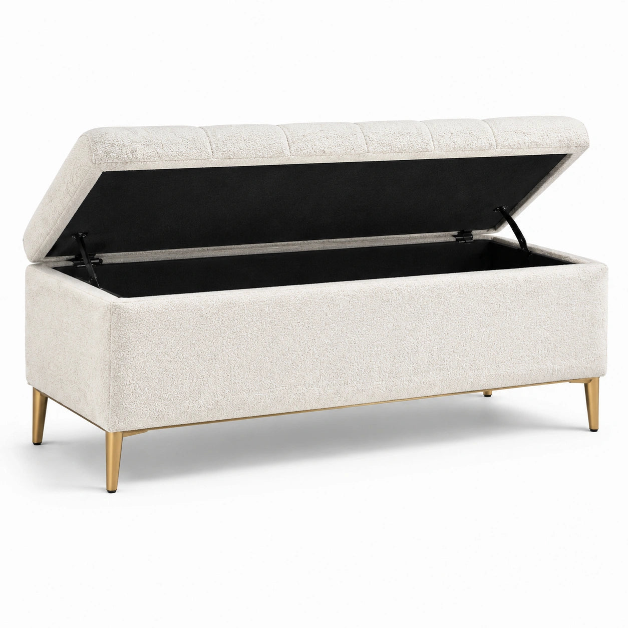 Panca contenitore in tessuto bouclé beige con gambe in metallo dorato