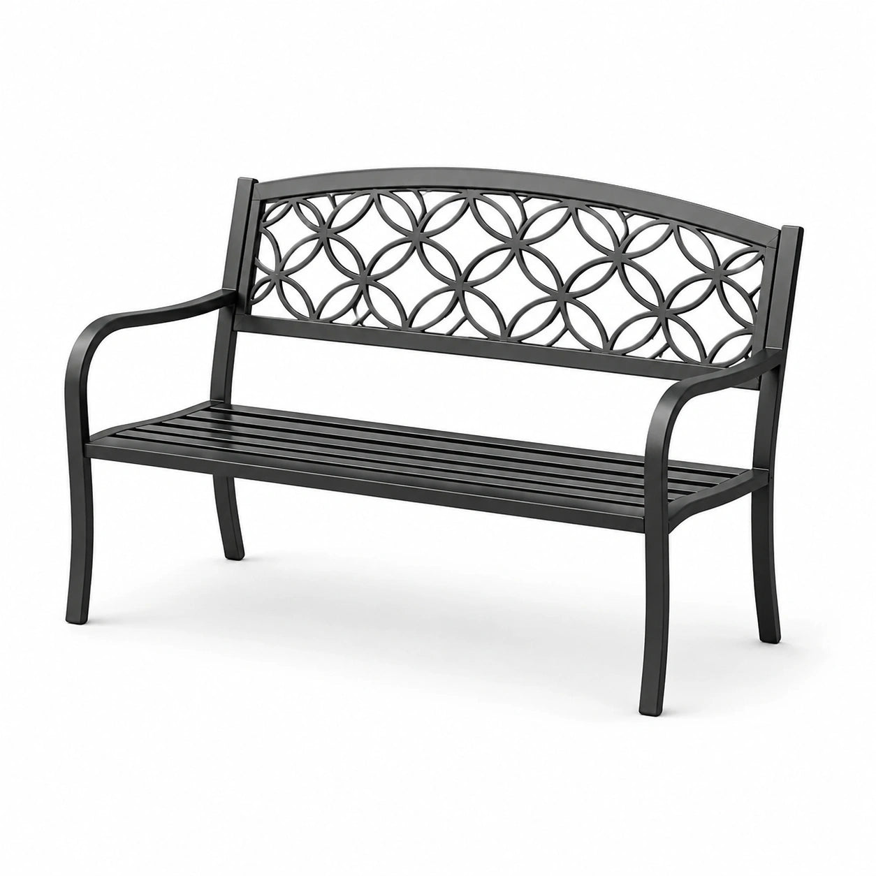 Panchina in metallo nero con schienale decorativo, 127 cm