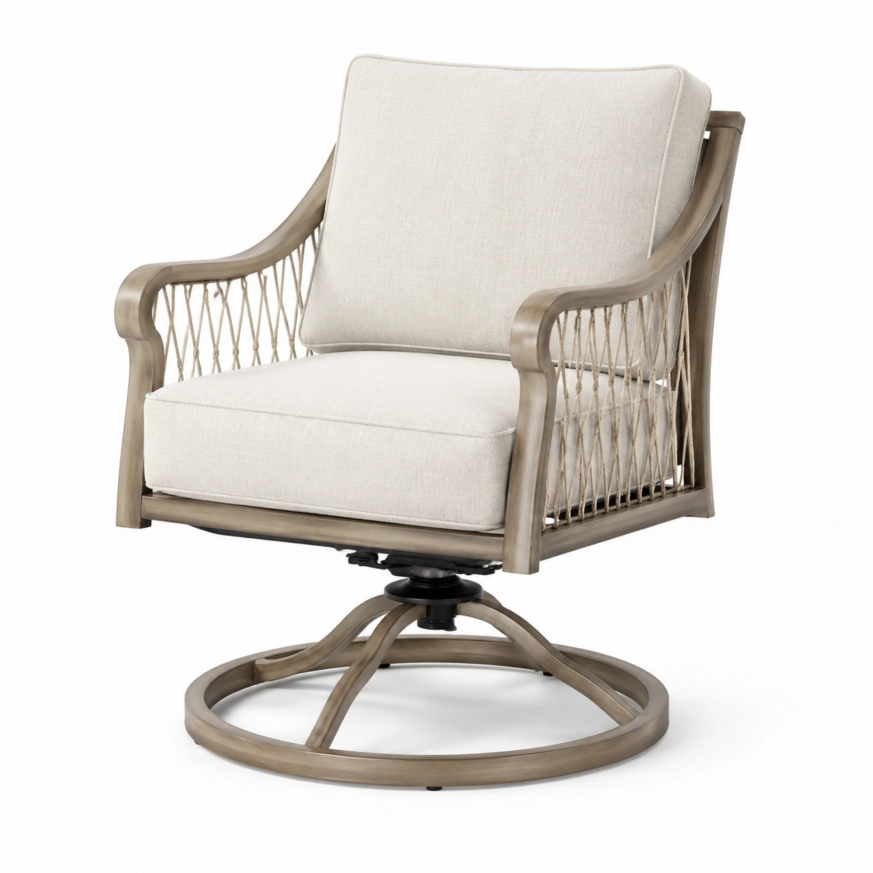 Poltrona girevole con struttura in metallo e seduta in tessuto beige