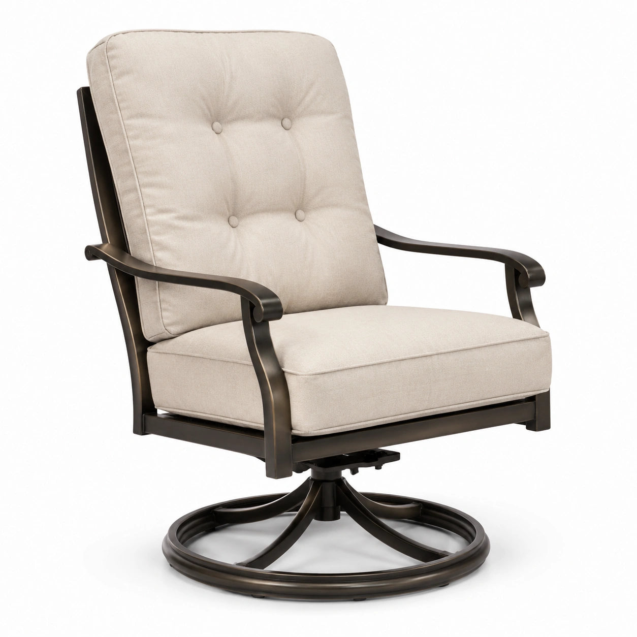 Poltrona girevole in metallo con cuscini in tessuto beige